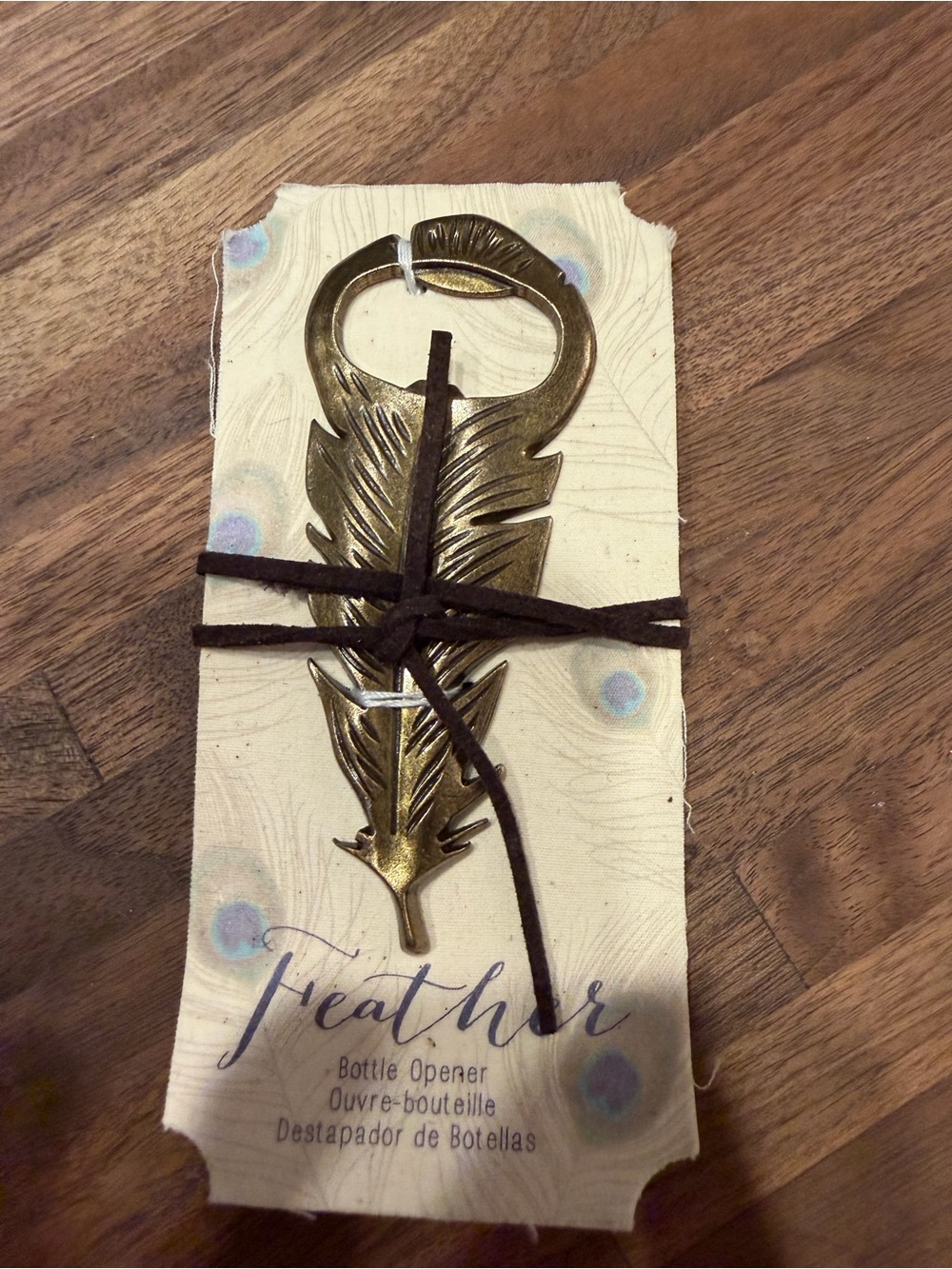 Kate Aspen Gold Feather Bottle Opener with Brown Suede Tie